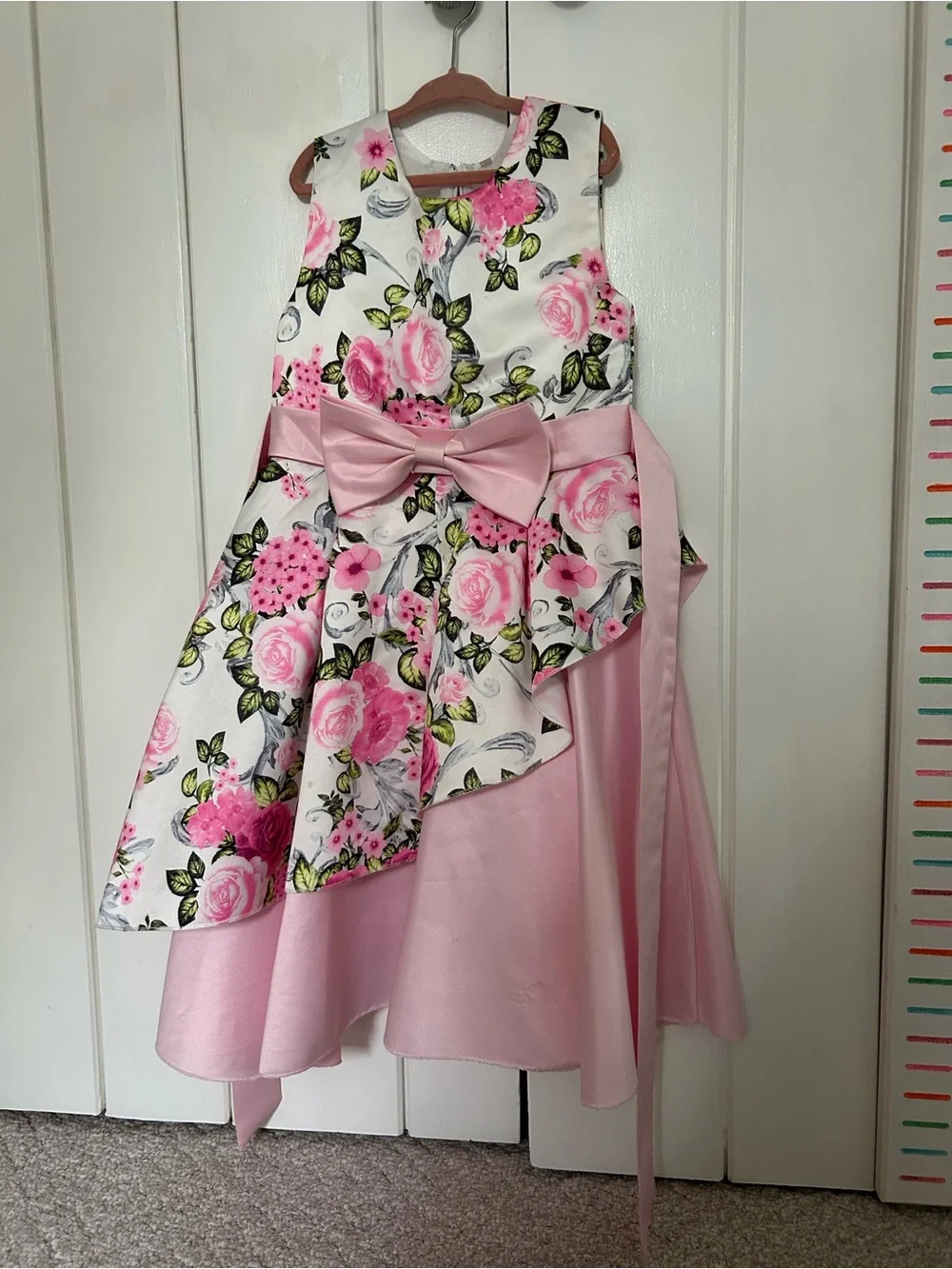 Girls Pink Floral Bow-Front Party Dress Easter or Flower Girl